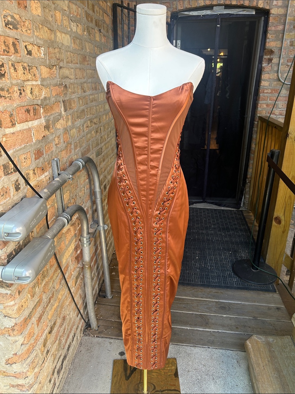 AKIRA Copper Strapless Satin Corset Lace-Up Midi Dress